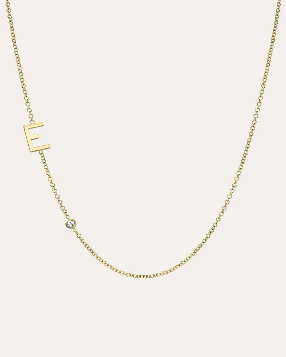 14k Gold Asymmetrical Initial and Bezel Diamond Necklace
